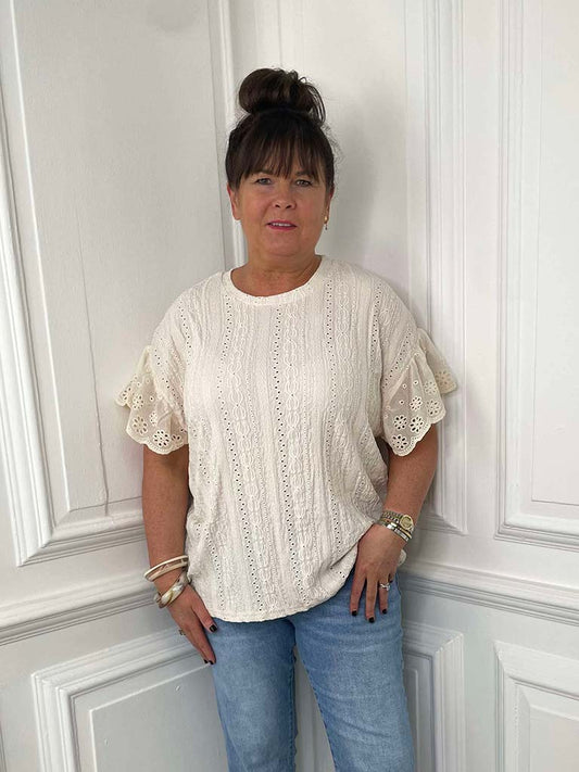 Broderie Anglaise Frill Sleeve Tee - Ecru