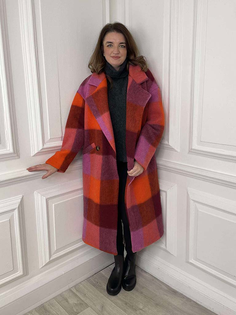 Check Wool Mix Coat - Raspberry