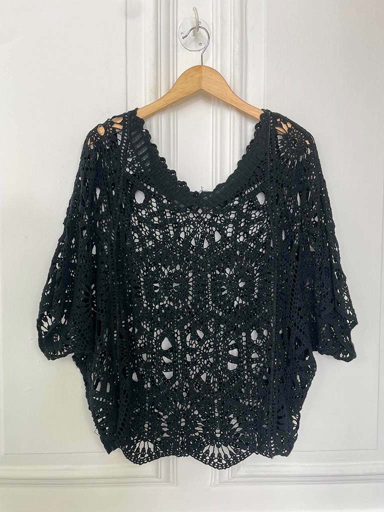 V-Neck Cotton Crochet Top - Black
