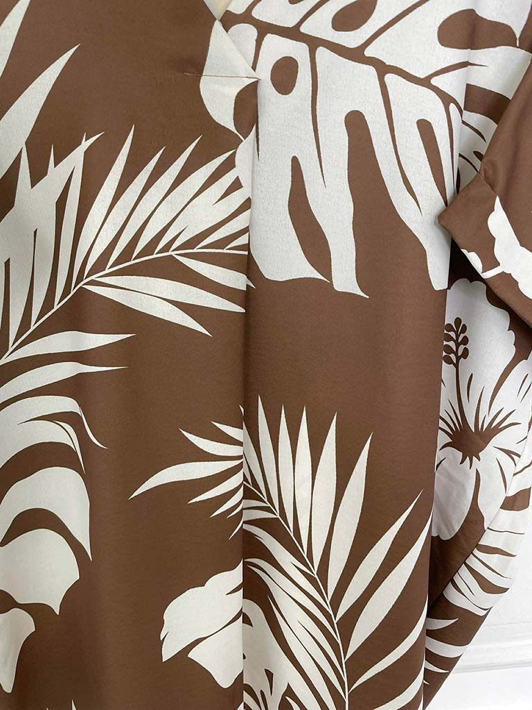 Tropical Print V-Neck Top - Pecan