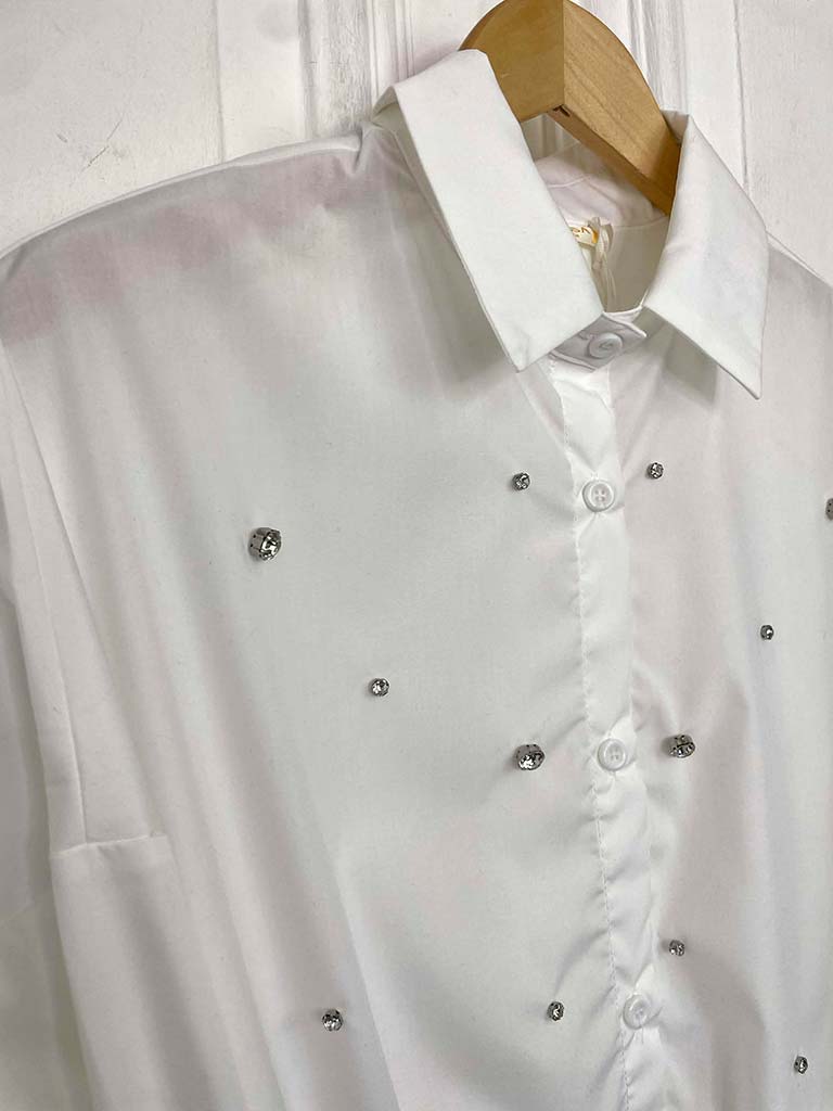 Malissa J Diamanté Drawstring Hem Shirt - White