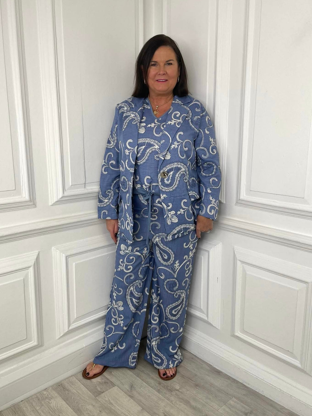 Blue paisley wide-leg trousers styled with matching loose jacket, perfect for womens fashion and relaxed styling in a modern . - Malissa J Paisley Wide Leg Trousers - Blue