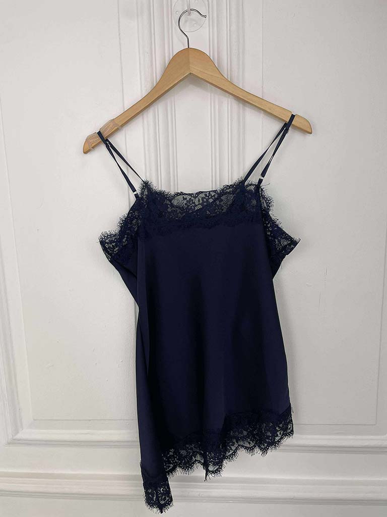 Lace Trim Asymmetric Cami Top - Navy