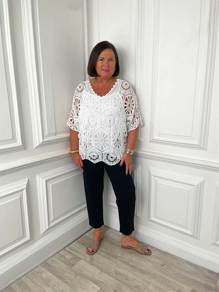 V-Neck Cotton Crochet Top - White
