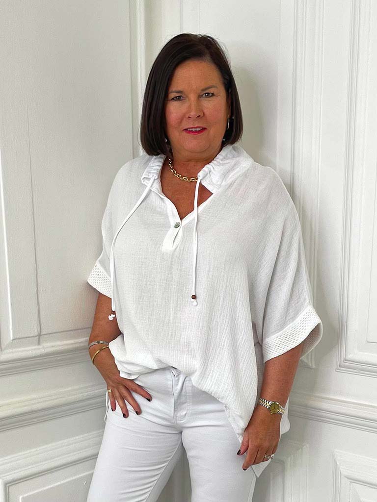 Drawstring Collar Oversized Tunic - White