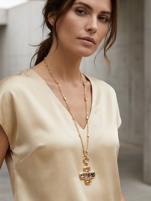 Envy Multi Stone Cross Pendant Necklace - Gold
