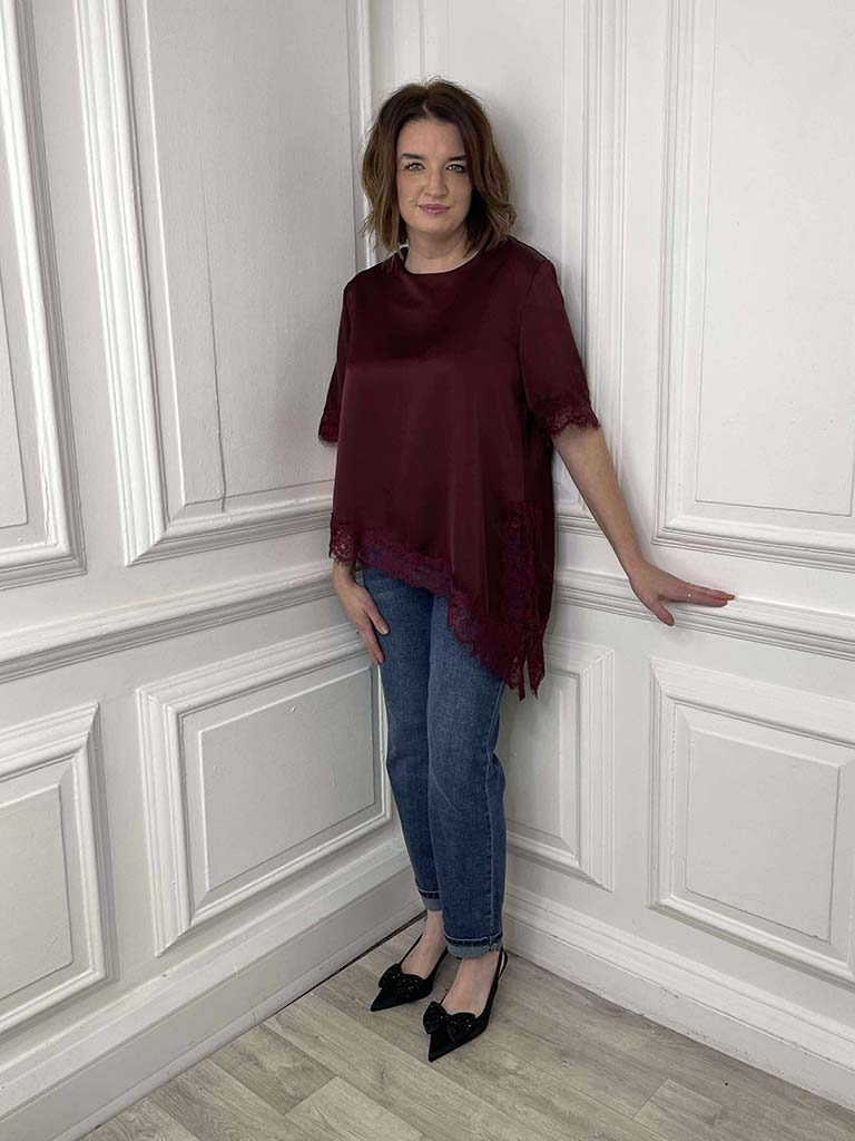 Lace Trim Asymmetric Top - Burgundy