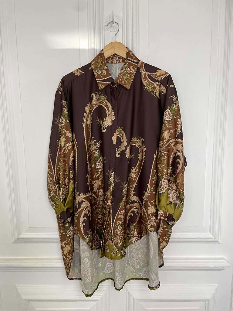 Ornate Floral Silk Feel Shirt - Chocolate