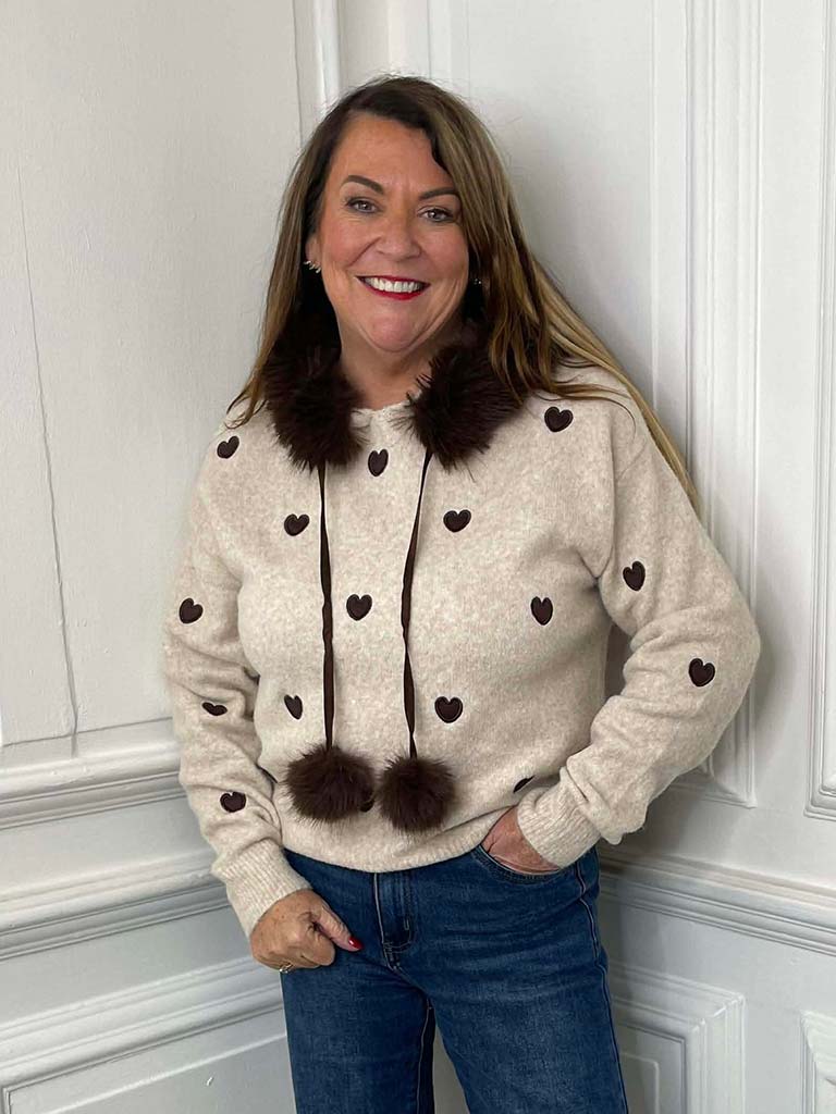 Heart Faux Fur Hooded Knit - Stone