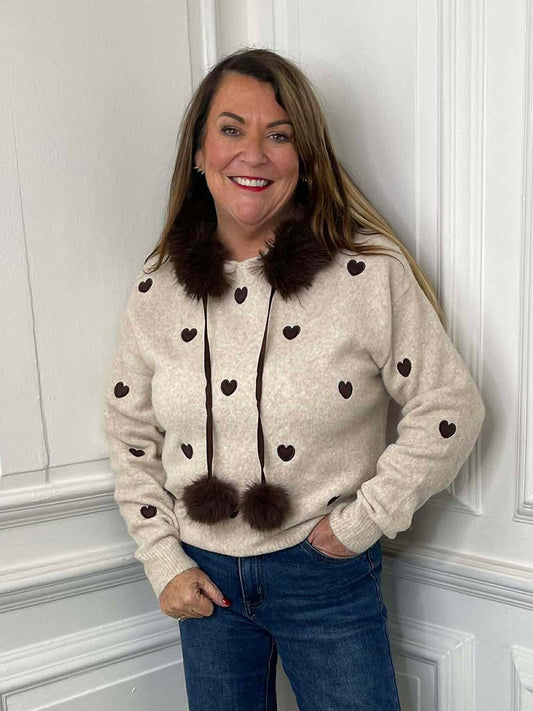Heart Faux Fur Hooded Knit - Stone