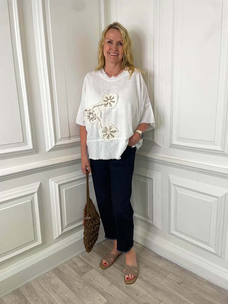 Flower Stitch Raw Edge Top - White