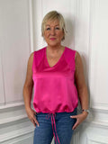 Pink silk-feel sleeveless vest with drawstring hem, relaxed styling for womens fashion and everyday wear. - Malissa J Silk Feel Drawstring Vest - Pink