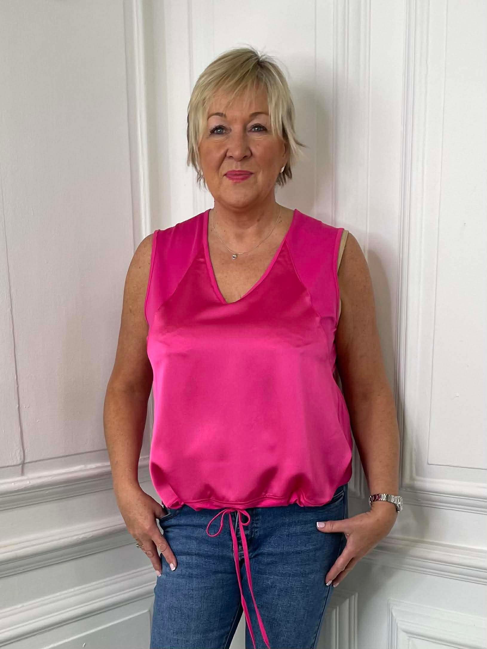 Pink silk-feel sleeveless vest with drawstring hem, relaxed styling for womens fashion and everyday wear. - Malissa J Silk Feel Drawstring Vest - Pink