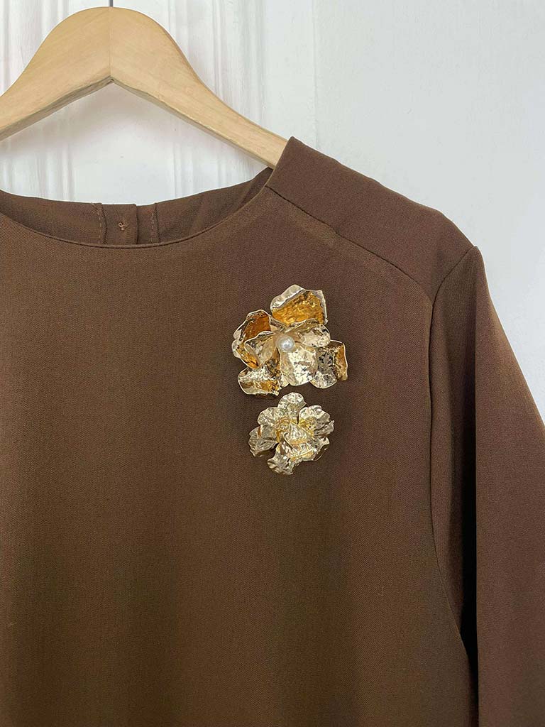 Gold Brooch Smock Midaxi Dress - Fudge