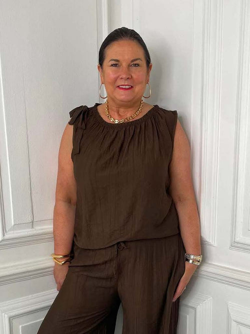 Tie Shoulder Balloon Co-ord - Chocolate