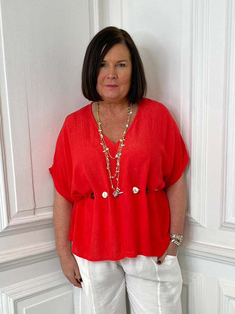 V-Neck Stone Drawstring Top - Blood Orange