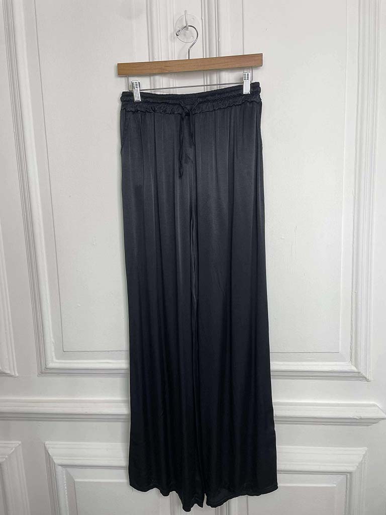 Silk Feel Wide Leg Trousers - Black