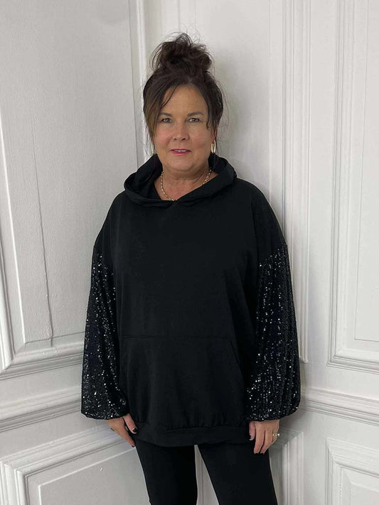 Sequin Sleeve Hoodie - Black