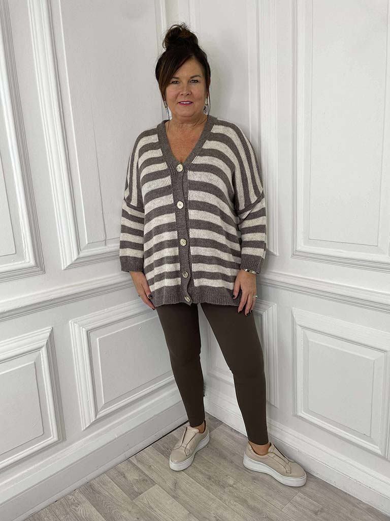Oversized Striped Cardigan - Taupe