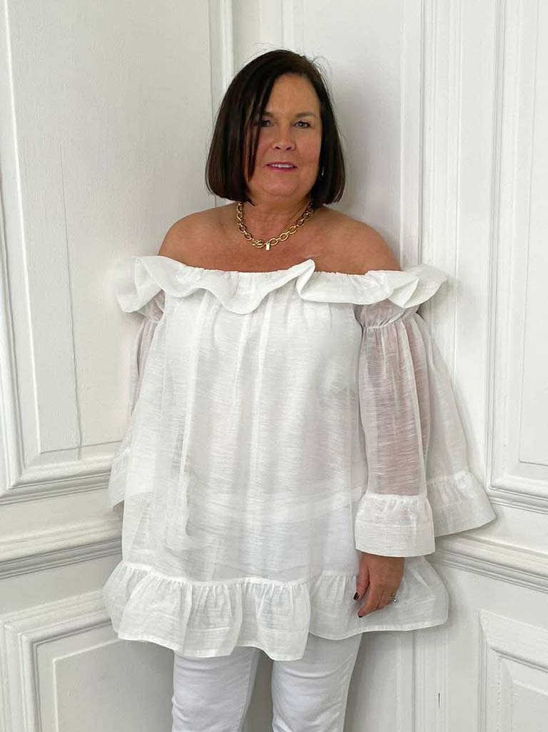 Frill Bardot Tunic - Soft White