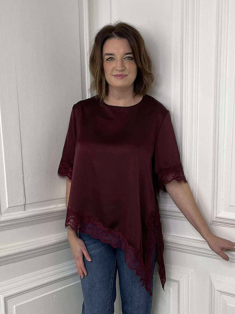 Lace Trim Asymmetric Top - Burgundy