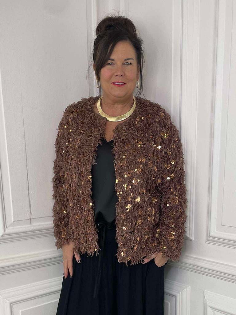 Faux Feather Sequin Jacket - Cinnamon