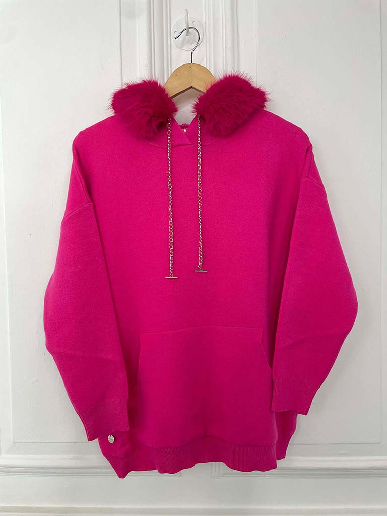 Malissa J Faux Fur Hooded Knit - Hot Pink