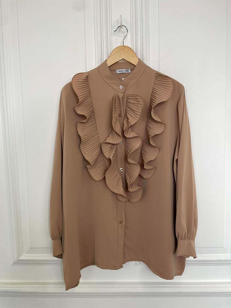Plissé Ruffle Shirt - Caramel