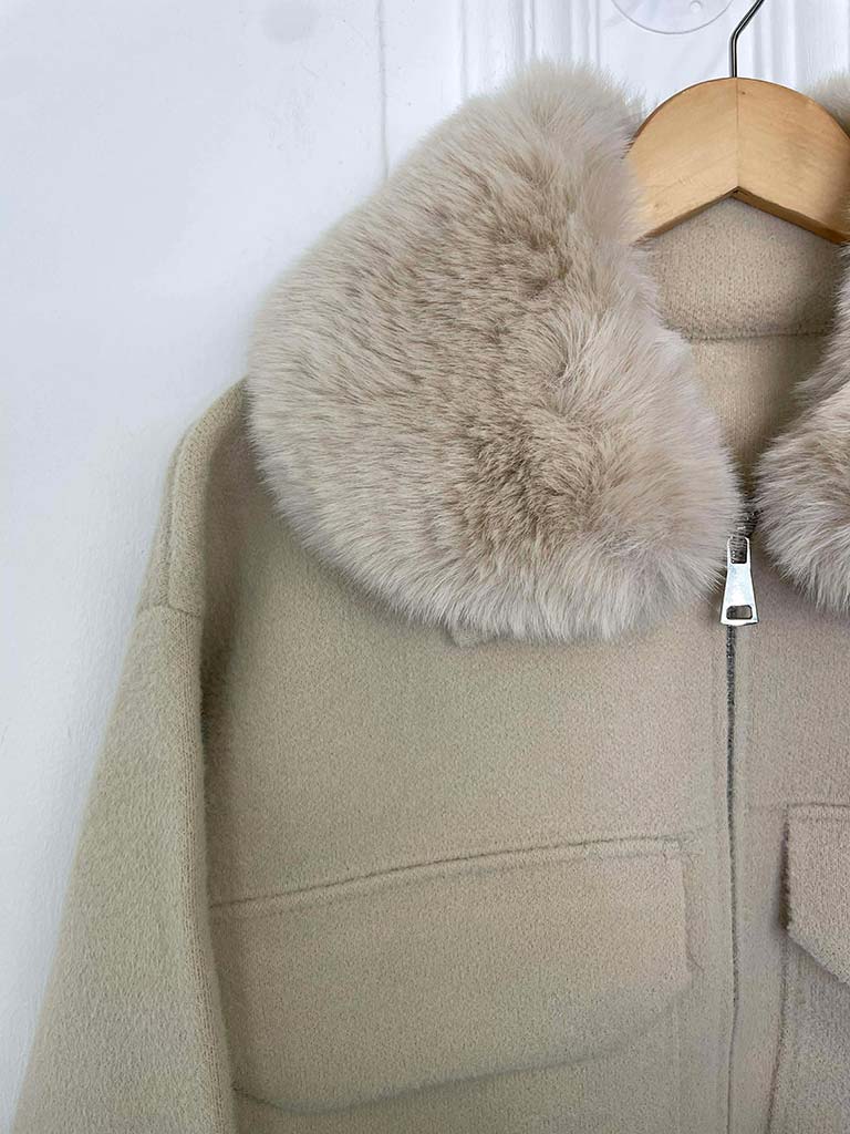 Faux Fur Collar Knitted Jacket - Stone