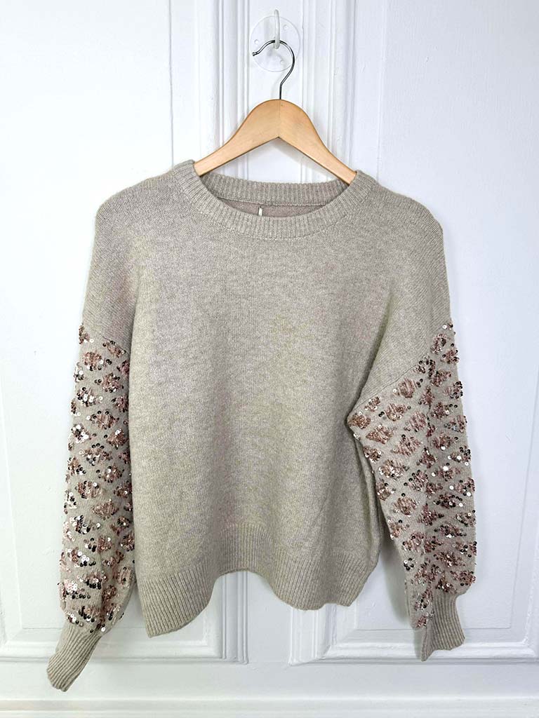 Diamond Sequin Sleeve Knit - Oat