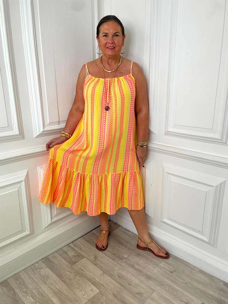 Aztec Peplum Hem Dress - Yellow Mix