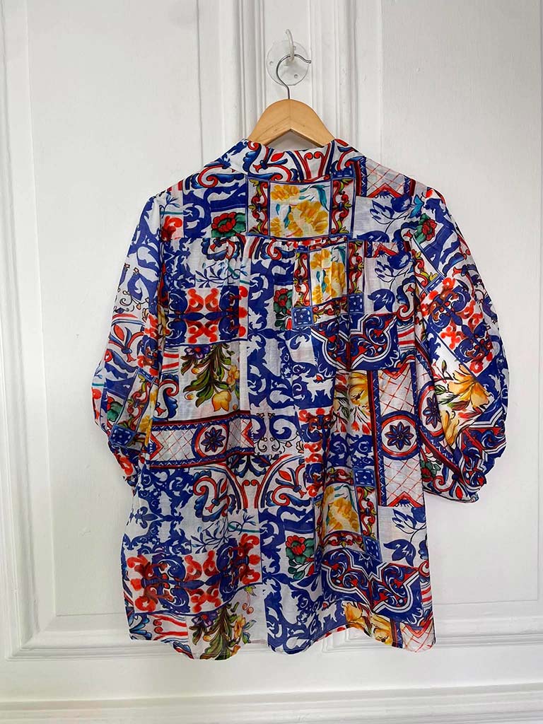 Puff Sleeve Tile Print Blouse