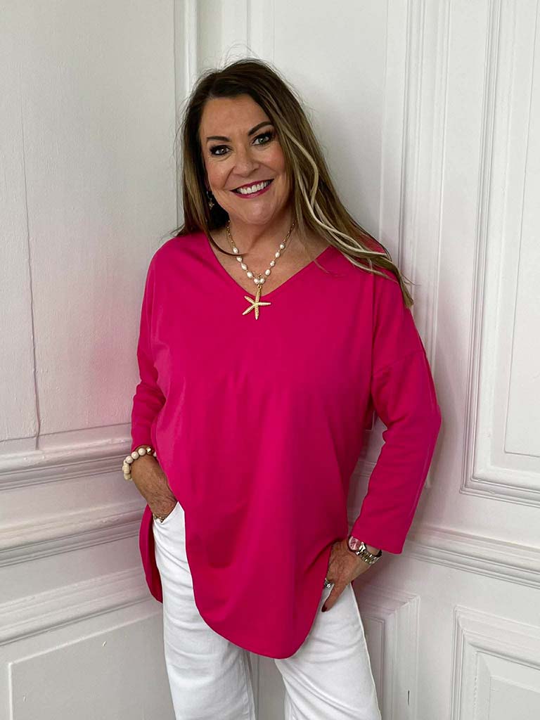 V-Neck Scooped Hem Top - Cerise