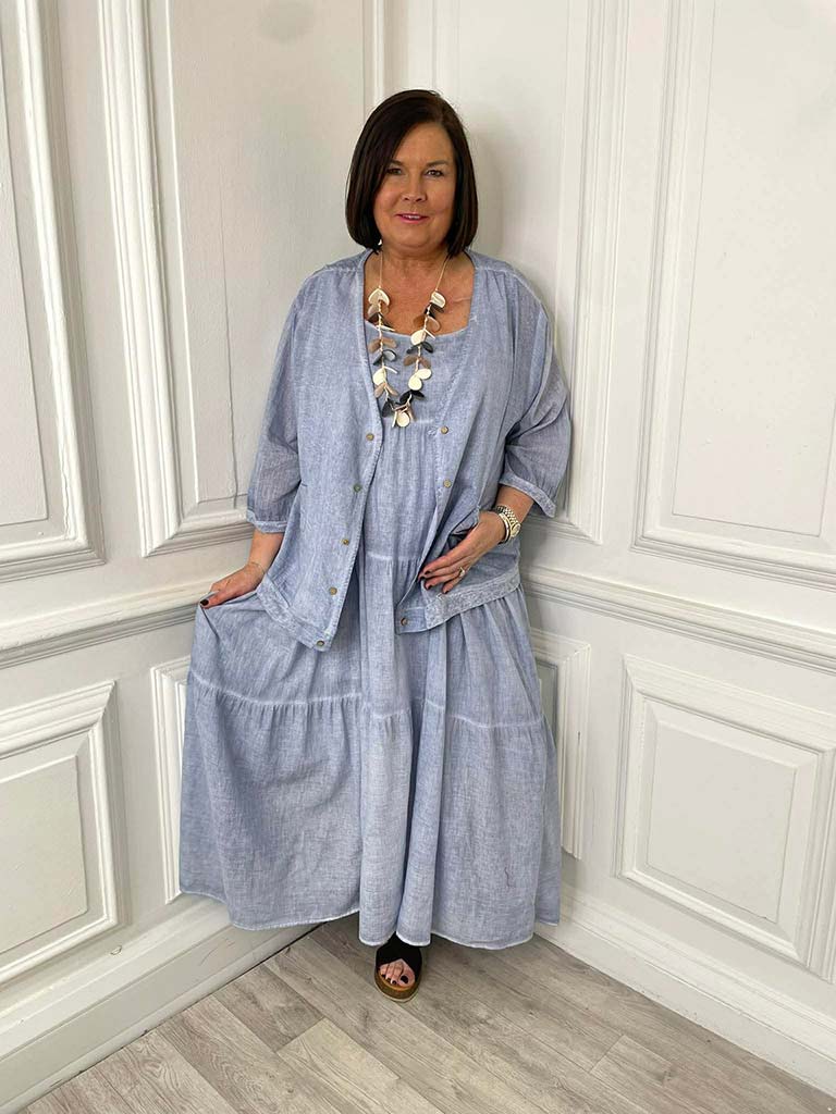 Two Piece Cotton Dress & Jacket - Vintage Blue