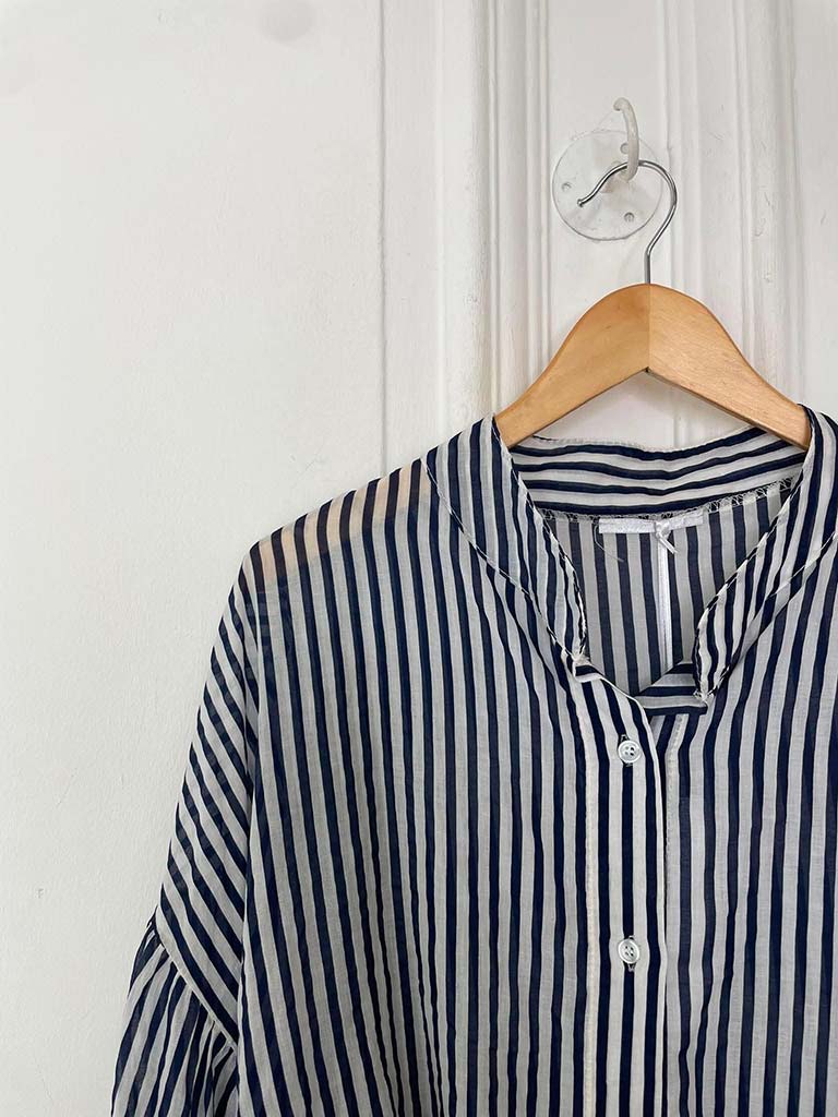 Balloon Sleeve Stripe Blouse - Navy