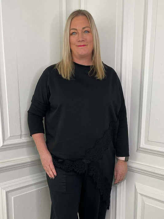 Lace Hem Asymmetric Top - Black