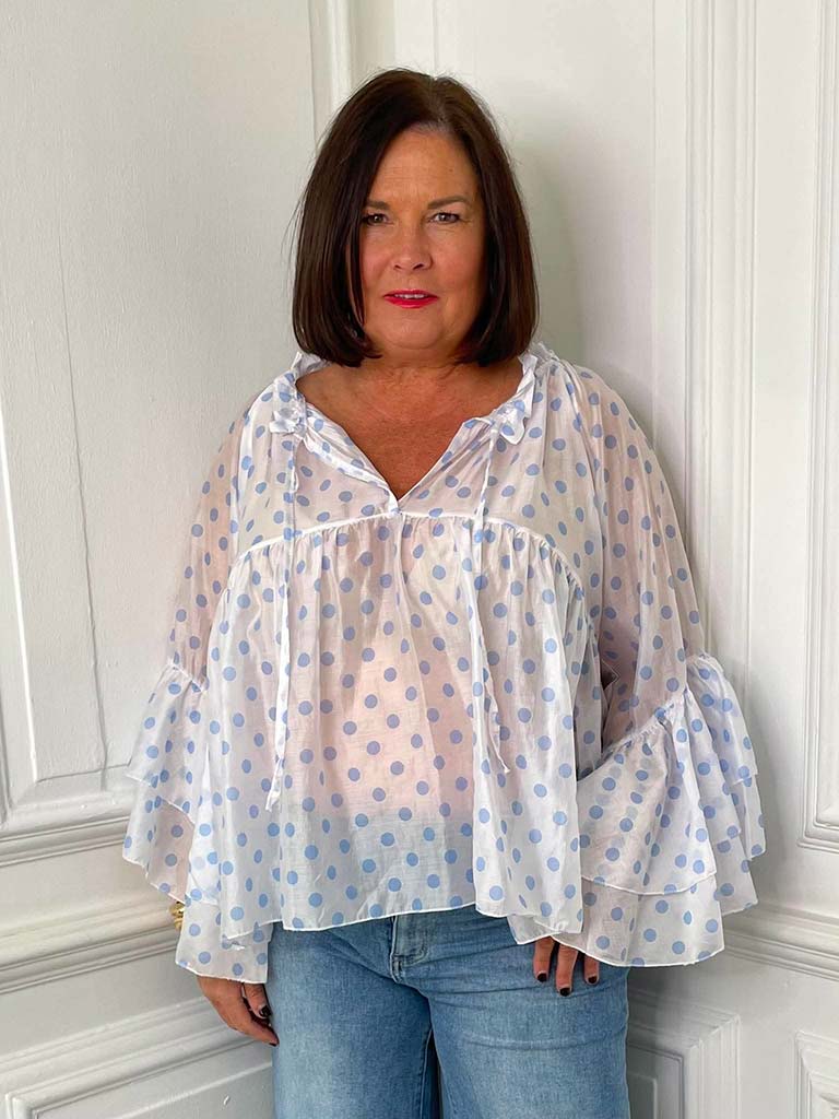 Polka Dot Ruffle Blouse - White & Blue