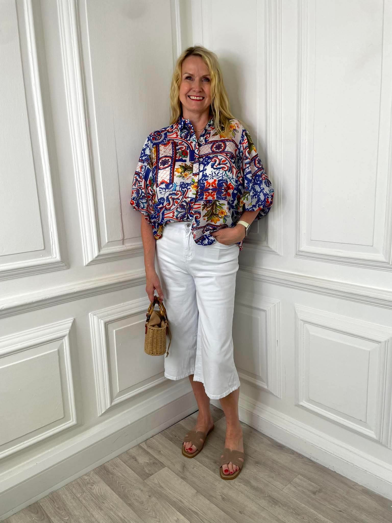 Puff Sleeve Tile Print Blouse