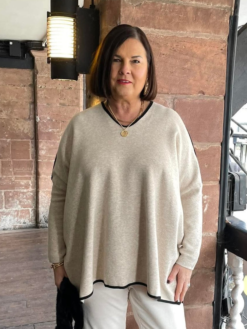 Contrast Edged V-Neck Knit - Stone Marl