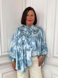 Palm Pussybow Blouse - Aqua