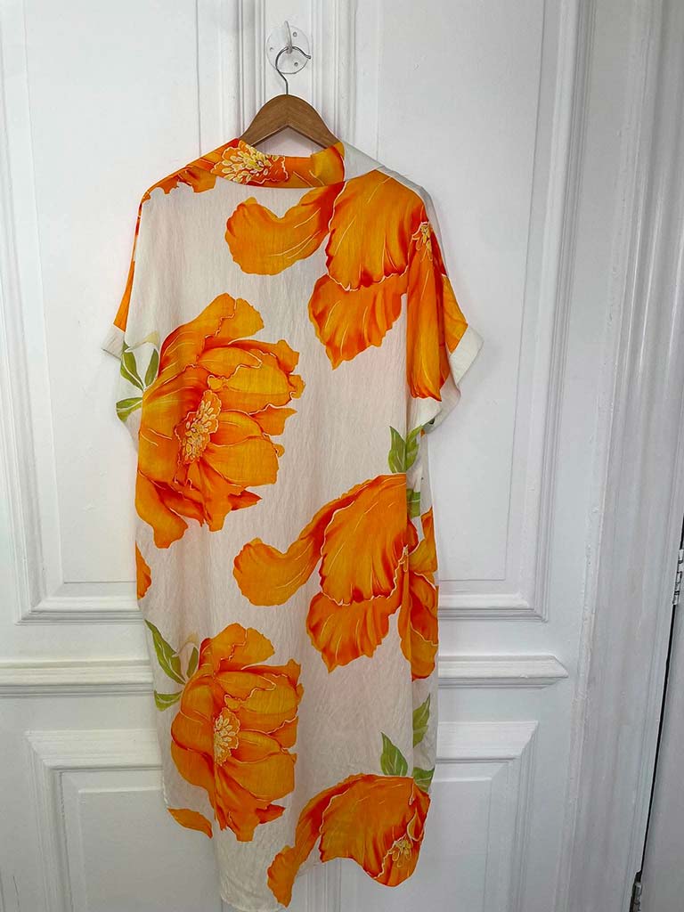 Floral Pocket V-Neck Dress - Orange