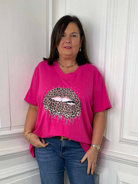 Leopard Lips Tee - Fuchsia
