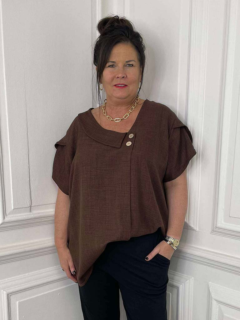 Asymmetric Lapel Top - Coffee