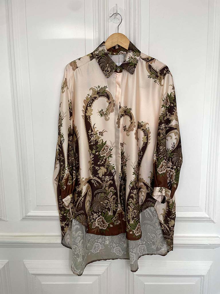 Ornate Floral Silk Feel Shirt - Champagne