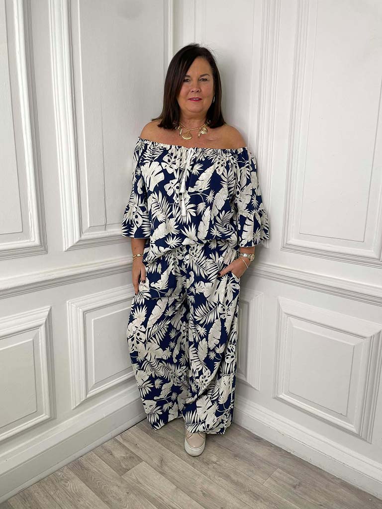 Tropical Leaf Palazzos - Navy