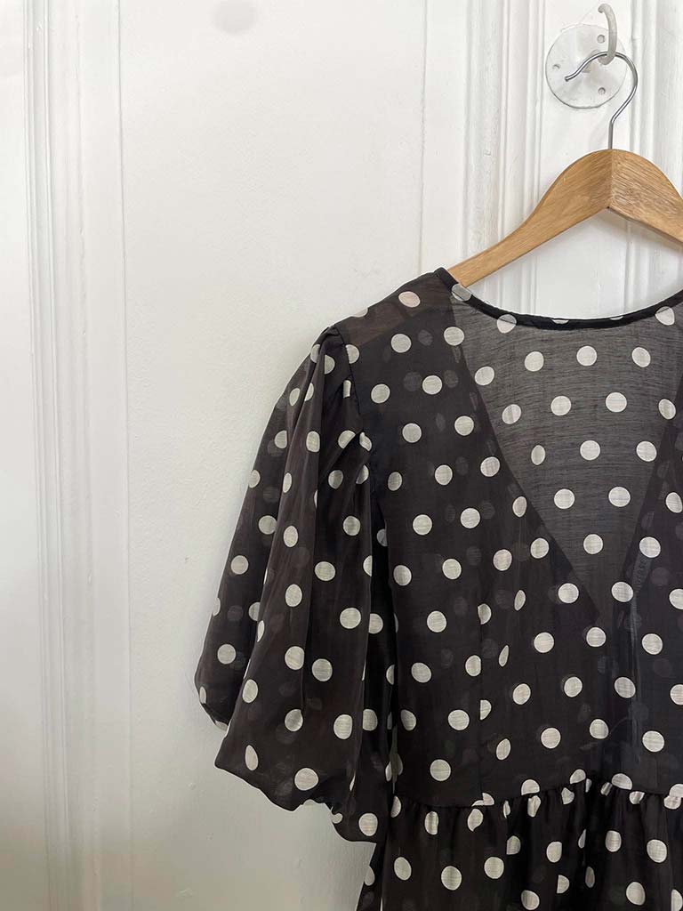 Polka Dot Puff Sleeve Top - Black