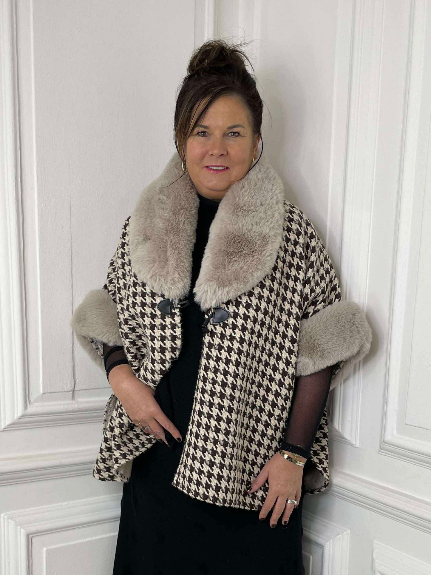Houndstooth Faux Fur Cape