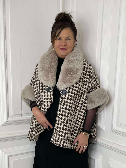 Houndstooth Faux Fur Cape
