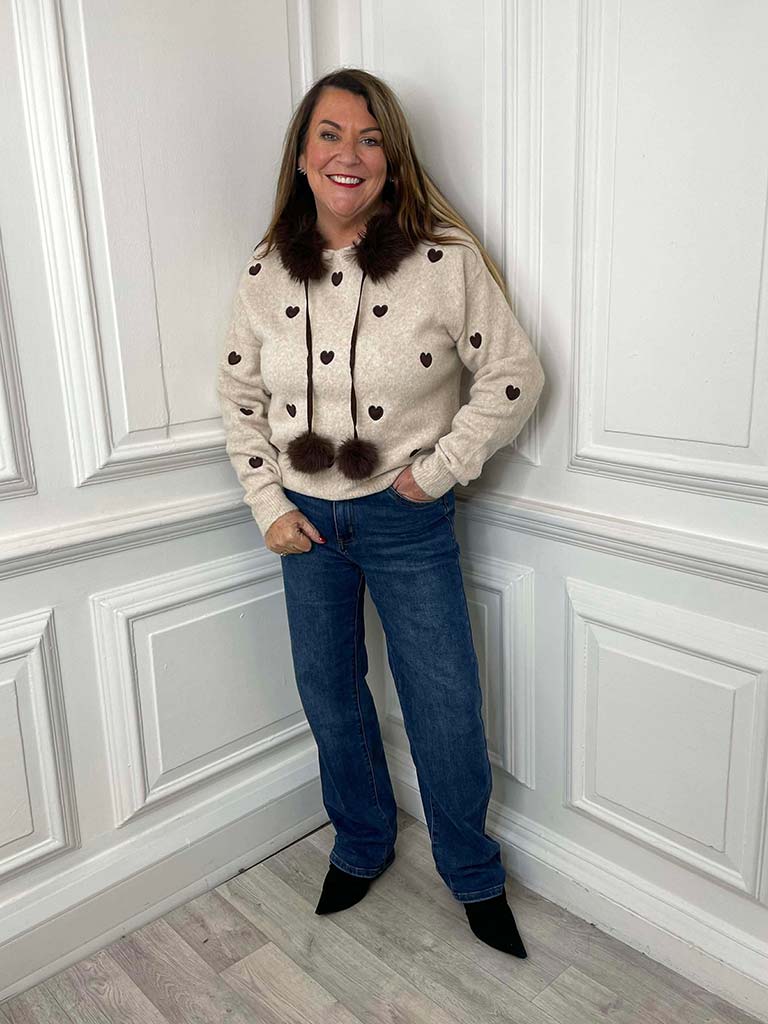 Heart Faux Fur Hooded Knit - Stone