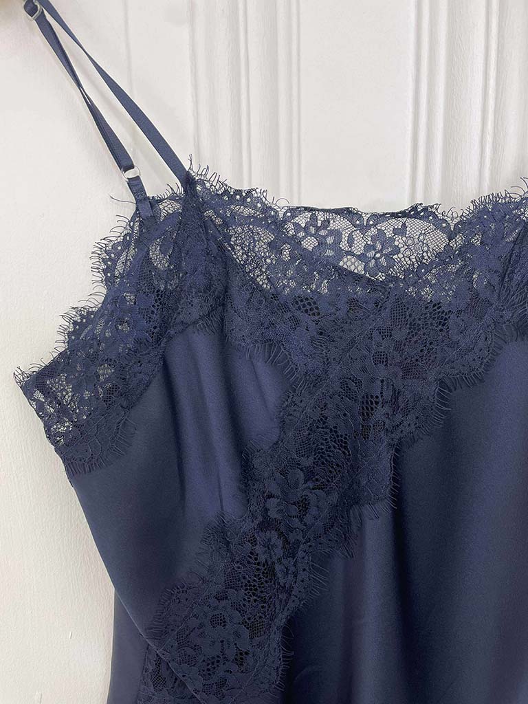 Lace Trim Asymmetric Cami Top - Navy